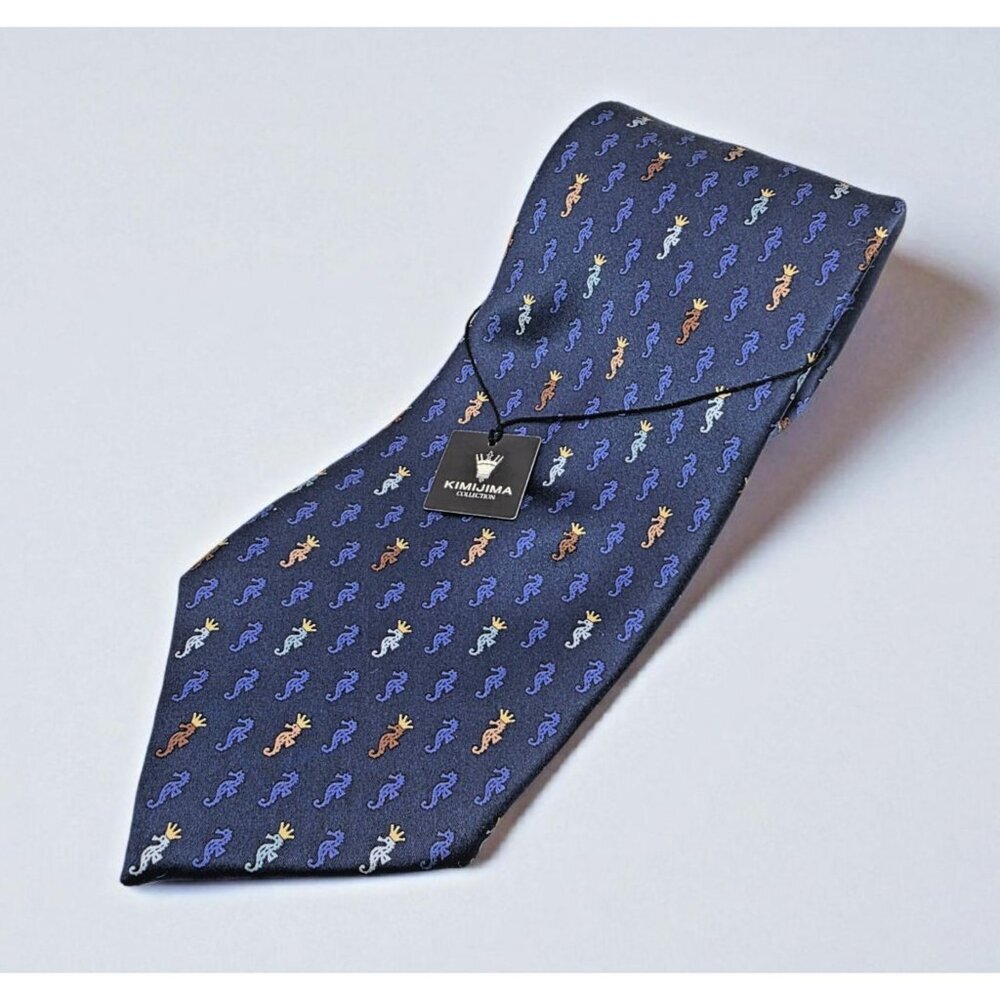 KIMIJIMA‎ Collection Neck Tie Men's Blue Crowned Seahorses 100% Silk Japan 58"